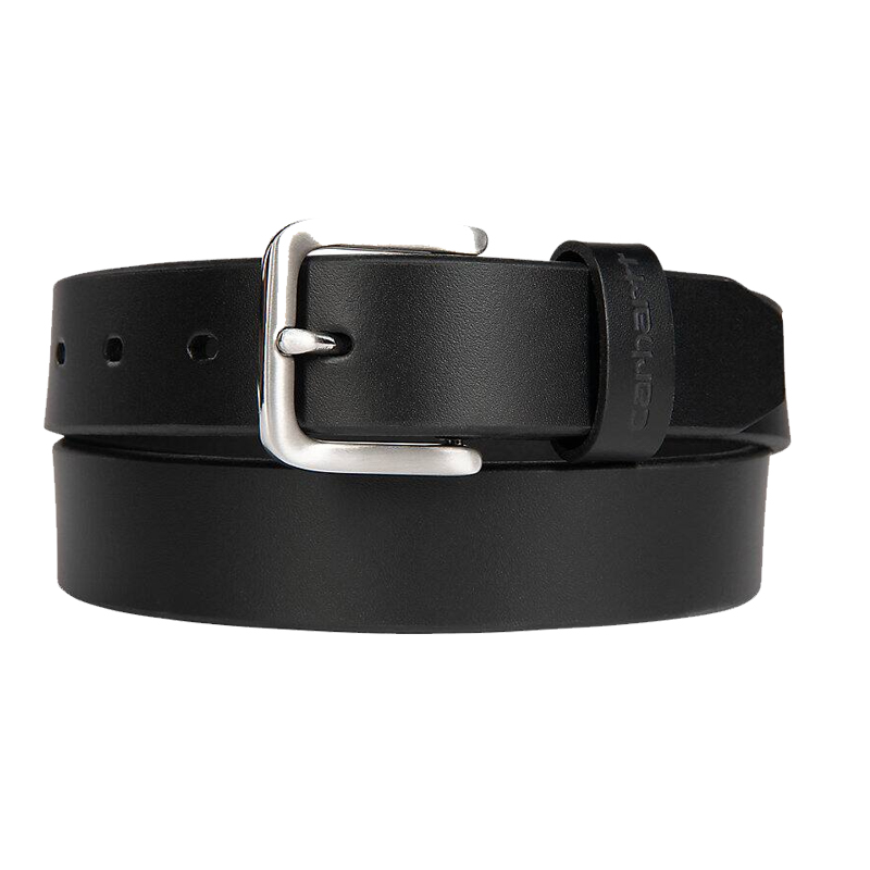 Schwarzer Carhartt Leder Gürtel mit silberfarbener Metallschnalle aus robustem Zaumzeugleder, frontal abgebildet