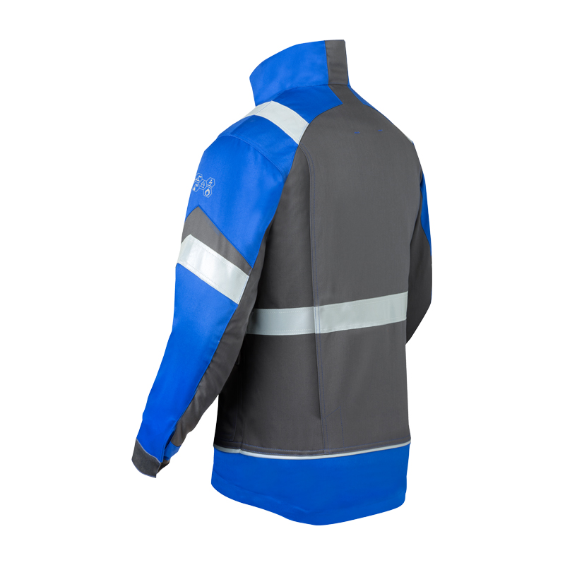 Rückansicht der HaVeP 5Safety Image+ 50388 MultiNorm Damen Jacke APC1 in Blau-Grau mit Reflexstreifen, schützend und komfortabel für anspruchsvolle Arbeitsumgebungen