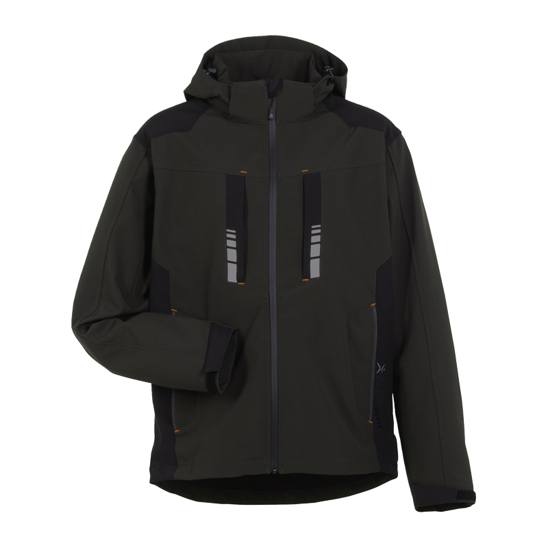 Planam Moto Softshelljacke mit Kapuze von Planam in Dunkelgrün-Schwarz, Frontansicht mit Reißverschluss und funktionalen Taschen