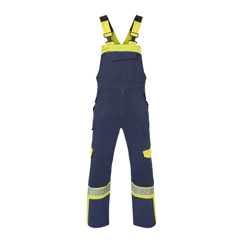 HaVeP Arbeits-Latzhose in Marineblau mit gelben Warnschutz-Einsätzen, verstellbaren Trägern und Reflexstreifen an den Beinen