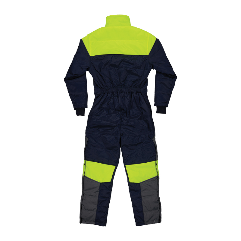 Rückansicht des Ergodyne N-Ferno 6475 Gefrierhaus Overalls mit Neon, isolierter Kühlhaus-Overall aus wasserabweisendem Ripstop-Polyester für Kälteschutz in Lager, Logistik und Outdoor-Einsätzen