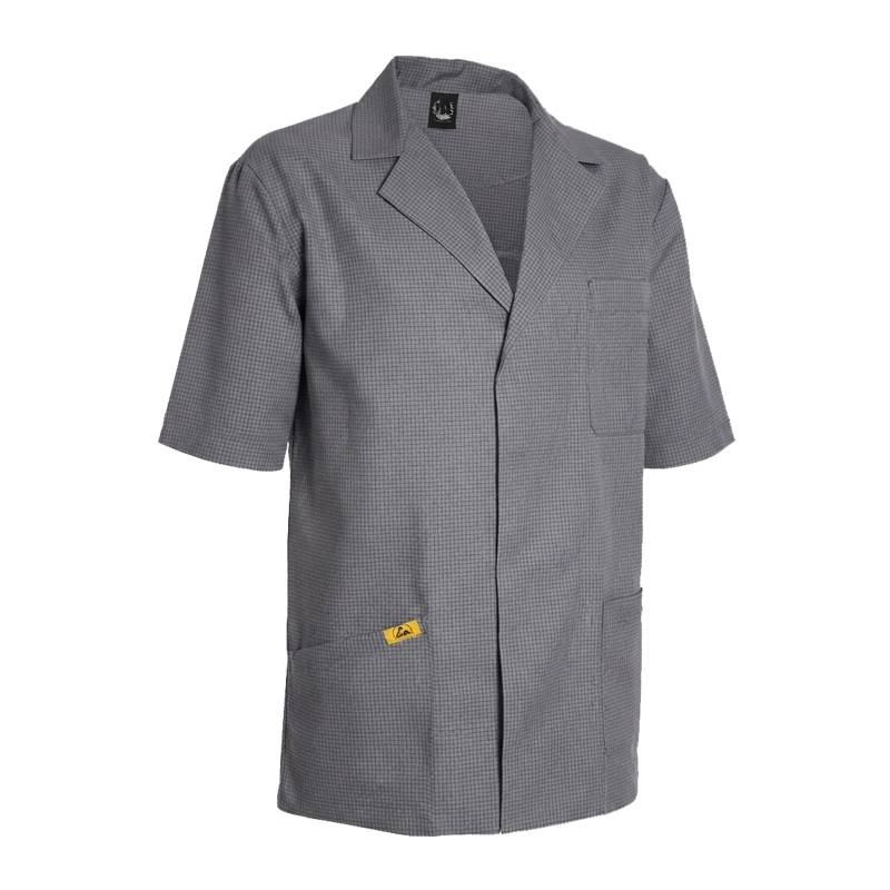 Graue kurzärmelige Mimoza ESD Jacke für EPA-Bereiche 10⁵ bis 10⁷ Ohm nach EN 61340 mit Kragen und aufgesetzten Taschen