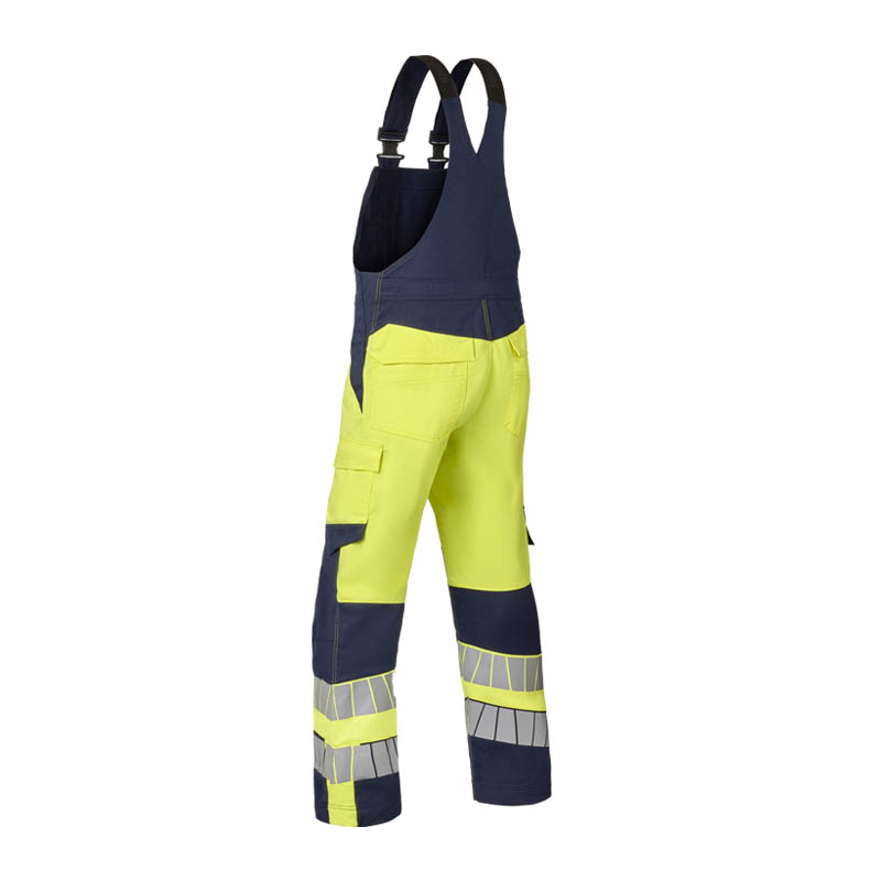 HaVeP Warnschutz-Latzhose in Gelb und Marineblau mit verstellbaren Trägern, Taschen und Reflexstreifen für hohe Sichtbarkeit bei der Arbeit