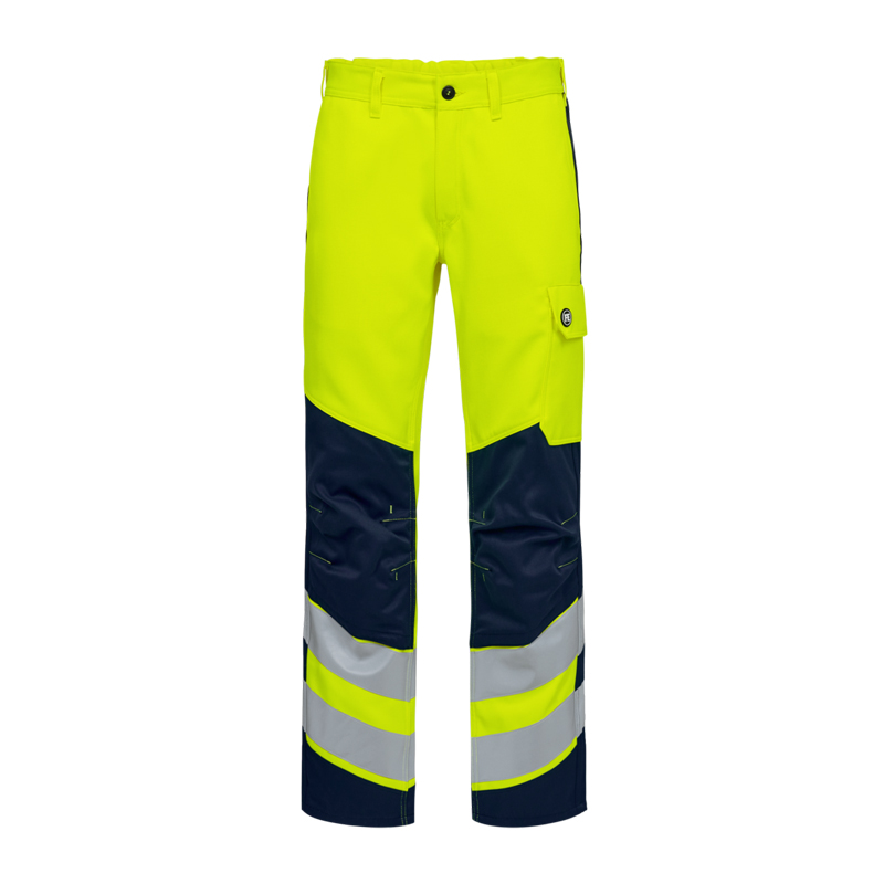 Engel Warnschutzhose in leuchtendem Gelb und Marineblau mit seitlicher Beintasche, Knieverstärkung und breiten Reflexstreifen für hohe Sichtbarkeit bei der Arbeit
