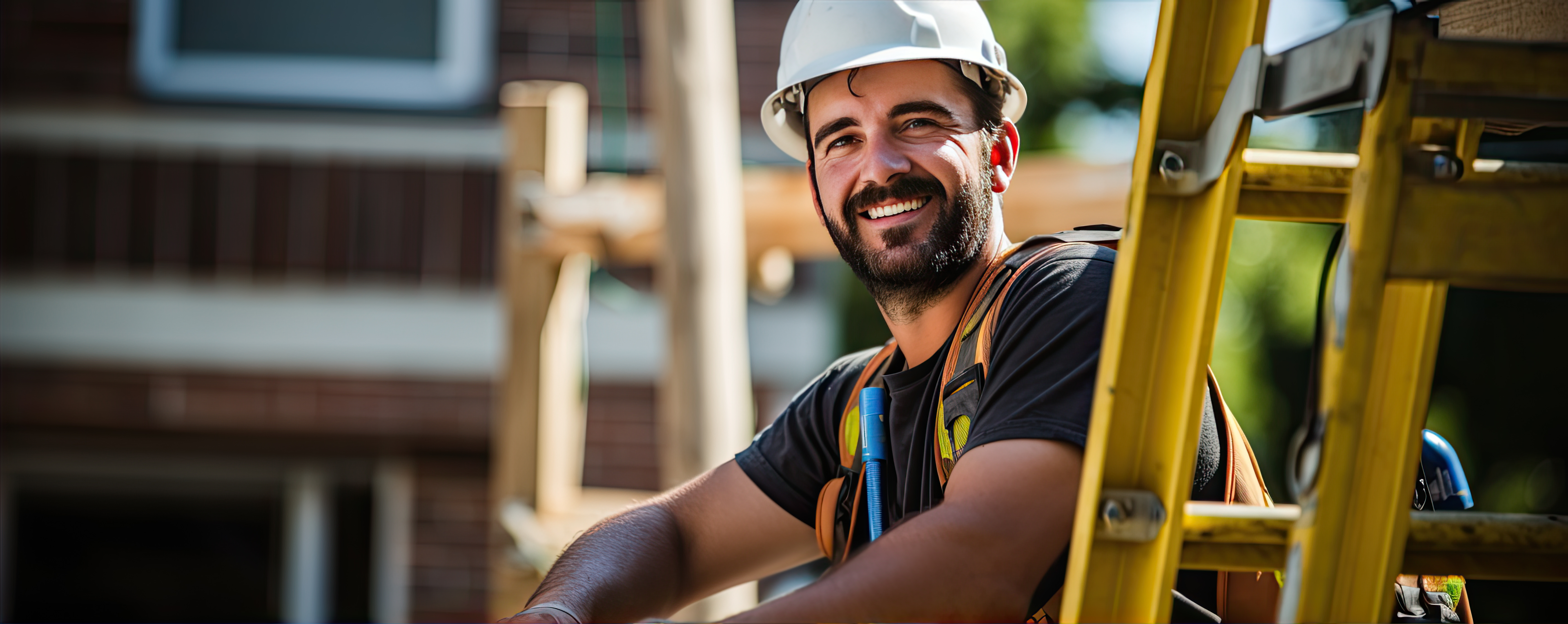 Lächelnder Bauarbeiter mit weißem Schutzhelm und Warnweste auf einer Baustelle, neben einer gelben Leiter