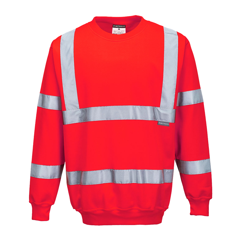 PortWest Warnschutz-Sweatshirt in Rot mit langen Ärmeln und silbernen Reflexstreifen für hohe Sichtbarkeit bei der Arbeit