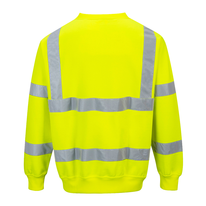 Rückansicht eines gelben PortWest Warnschutz-Sweatshirts mit langen Ärmeln und umlaufenden silbernen Reflexstreifen für hohe Sichtbarkeit