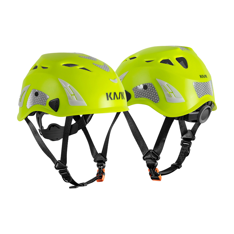 Kask SUPERPLASMA AQ HI VIZ Industriehelm EN 397, leuchtend gelber Sicherheitshelm mit Belüftung, Kinnriemen und Reflexelementen in Vorder- und Rückansicht