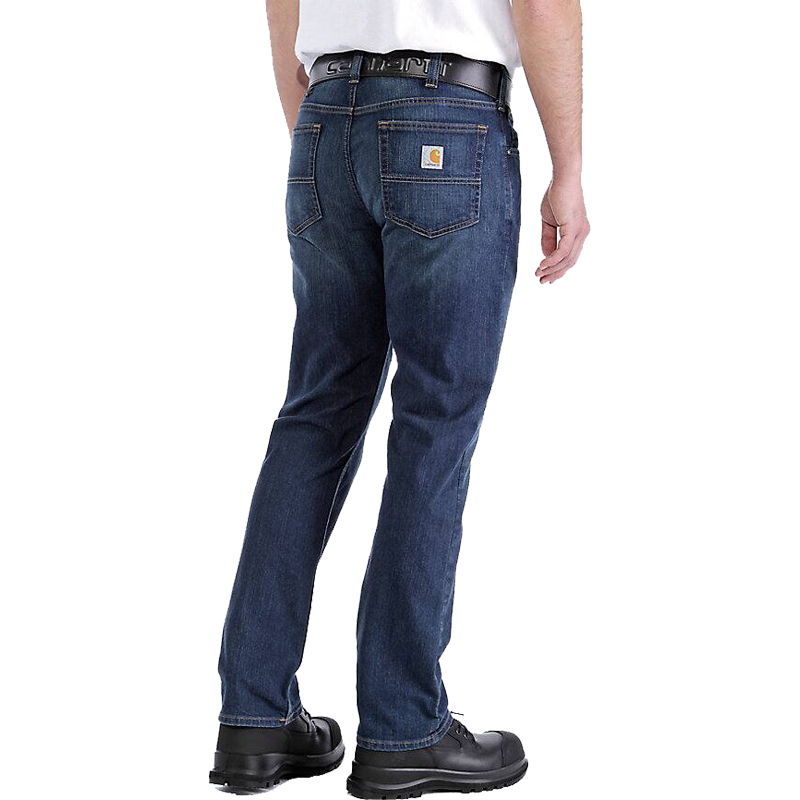 Rückansicht der Carhartt 102804 Rugged Flex Stretch Jeans in Dunkelblau, gerade geschnitten im Relaxed Fit mit Gesäßtaschen