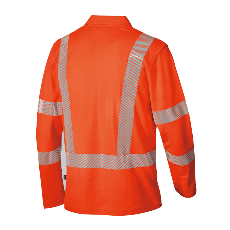 Rückansicht des BP 2133 Warnschutz Comfort Polo Shirt langarm Klasse 2 von BP Bierbaum Proenen in Orange mit umlaufenden silbernen Reflexstreifen