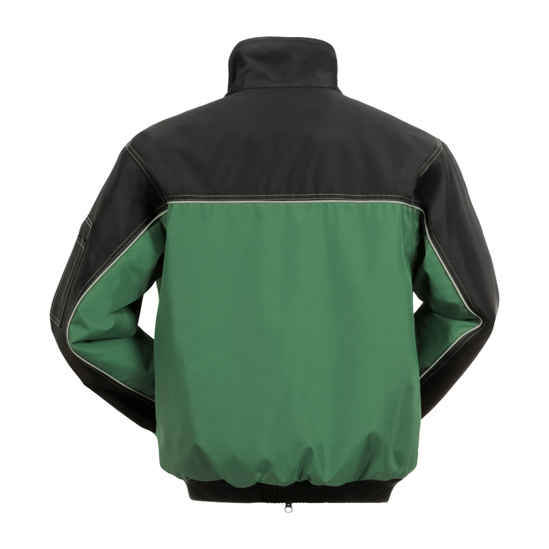 Rückansicht des Planam Dust Blouson Wetterschutz mit Reflexbiesen in Grün und Schwarz, funktionale Arbeitsjacke von Planam