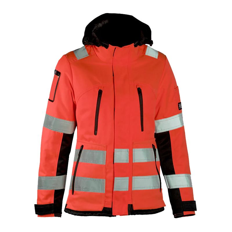 Dimex 6177E Damen Winter Warnschutz Jacke Klasse 2, orange Arbeitsjacke mit Reflexstreifen, schwarzer Kapuze und Reißverschlusstaschen
