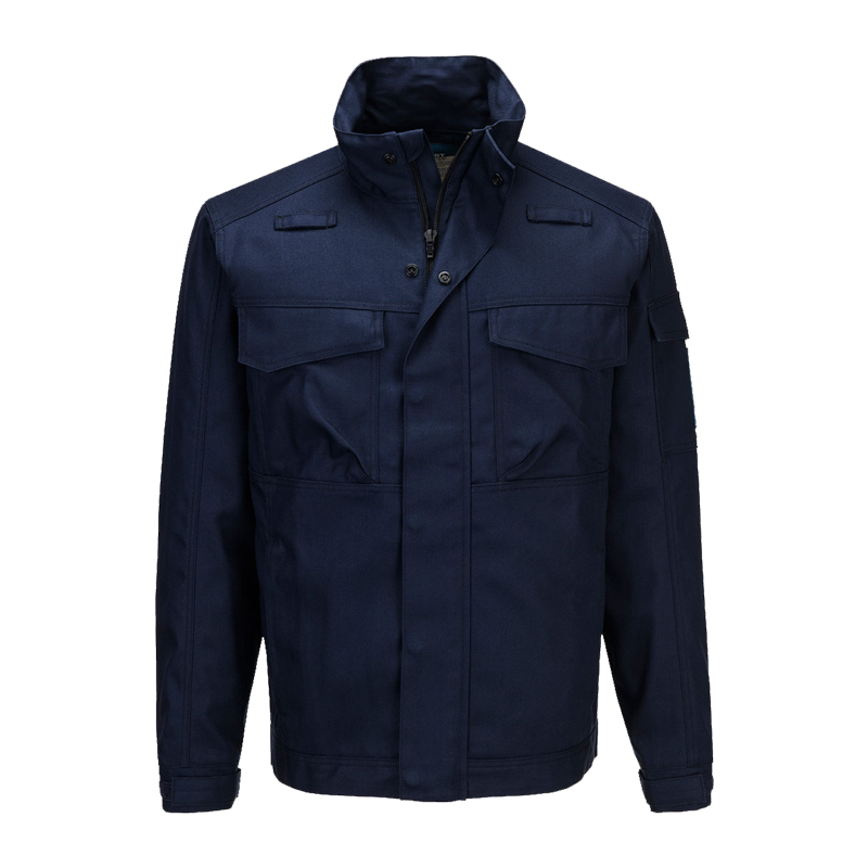 PortWest Arbeitsjacke in Dunkelblau, robuste Berufsjacke mit Stehkragen, verdecktem Reißverschluss und Brusttaschen