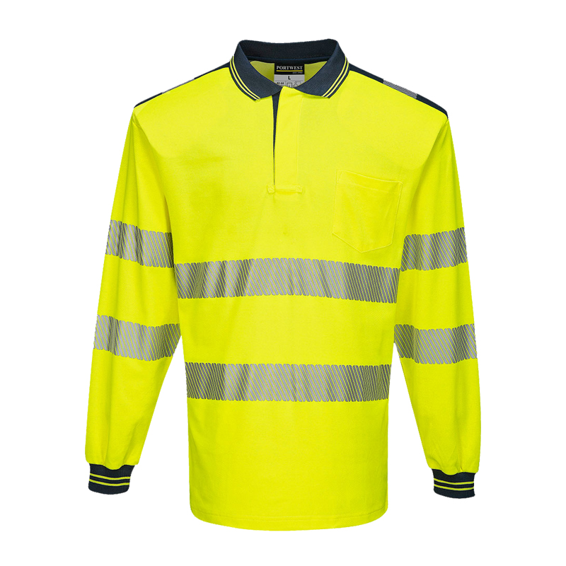 PortWest Warnschutz-Poloshirt Langarm in leuchtendem Gelb mit Brusttasche, Kragen und umlaufenden Reflexstreifen für hohe Sichtbarkeit bei der Arbeit