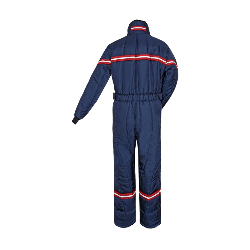 Rückenansicht des TEMPEX CLASSIC Kommissionierer Gefrierhaus Overalls von HB Protective Wear, dunkelblauer Kälteschutz-Overall für Logistik und Tiefkühlbereiche bis -49 °C