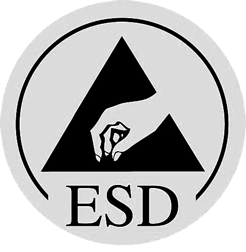 Rundes ESD-Zeichen mit Hand im Dreieck als Symbol für elektrostatische Entladung und ESD-geschützte Produkte oder Arbeitsbereiche
