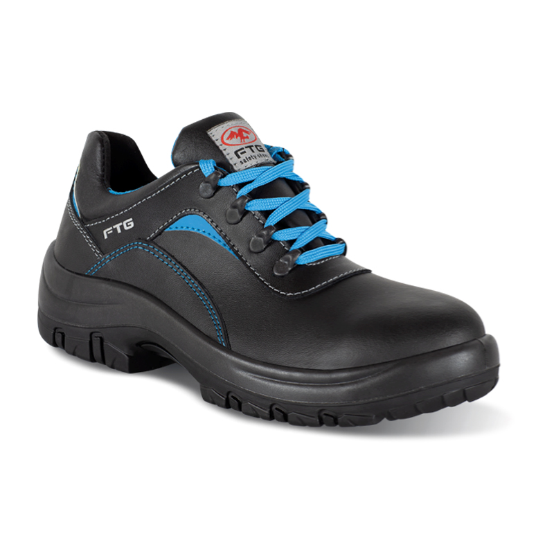 FTG Hermes S3S Sicherheitsschuh metallfrei, schwarz aus glattem Vollrindleder mit blauen Schnürsenkeln und Kälteschutz
