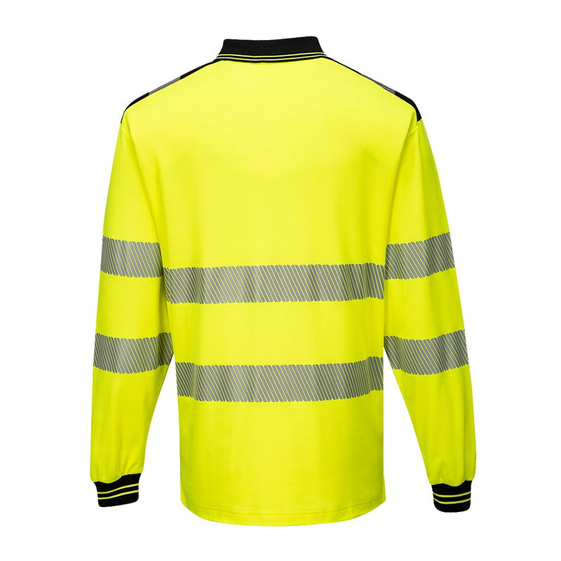 Rückansicht eines gelben PortWest Warnschutz-Langarmshirts mit schwarzen Bündchen und umlaufenden Reflexstreifen an Körper und Ärmeln
