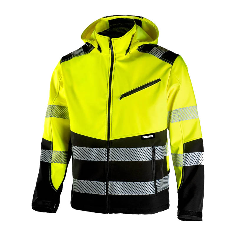 Dimex 6099 Warnschutz SoftShell Jacke mit Kapuze Klasse 2 in Gelb-Schwarz mit Reflexstreifen, Frontansicht