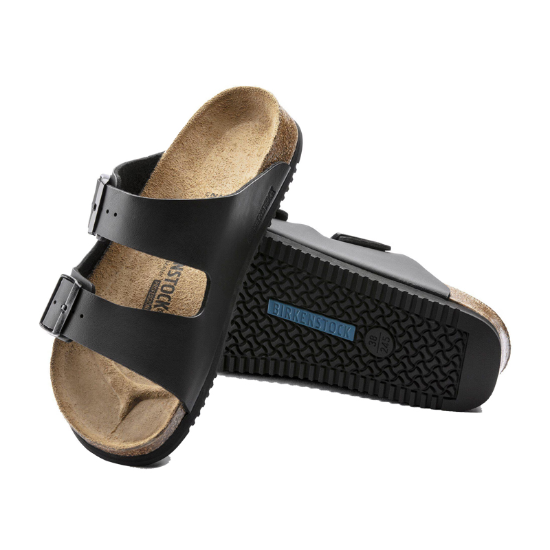 Birkenstock Sandalen in Schwarz mit zwei verstellbaren Riemen, anatomischem Kork-Latex-Fußbett und profilierter Laufsohle