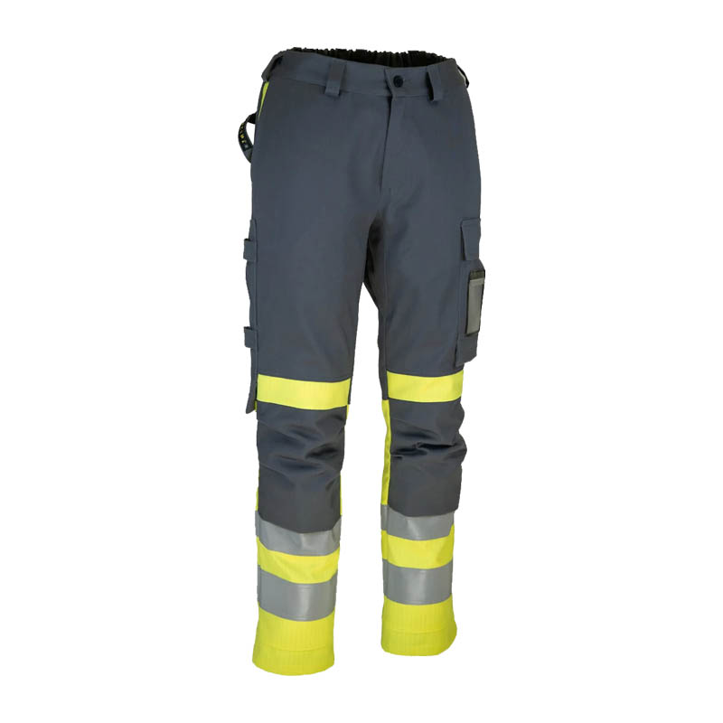 Arbeits-Warnschutzhose in Grau mit fluoreszierend gelben Einsätzen, Reflexstreifen und praktischen Beintaschen