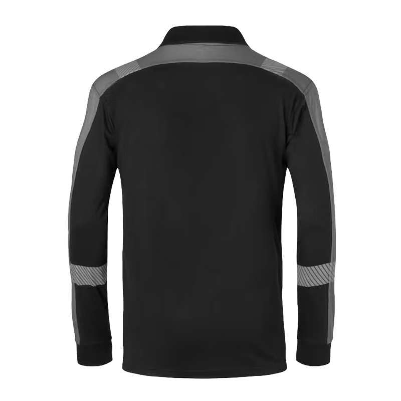 Rückansicht eines schwarzen Langarm-Poloshirts mit grauen Kontrasteinsätzen an Schultern und Ärmeln