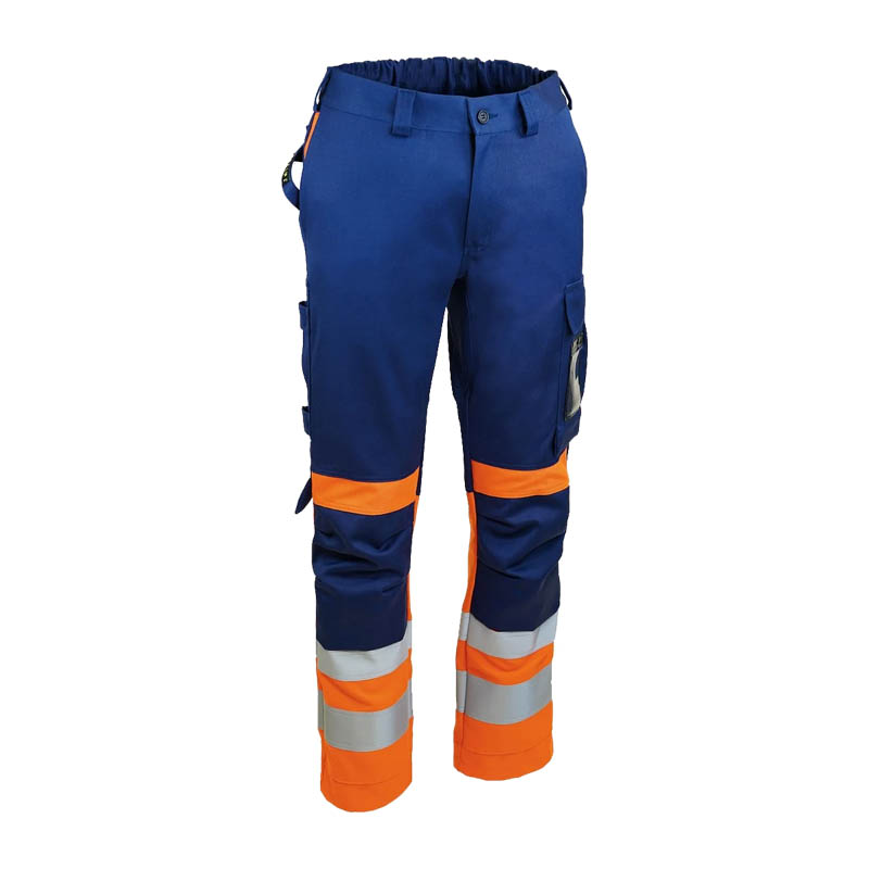Dimex 6447B MultiChem Warnschutz Hose, 6-fach zertifizierte Arbeitshose in Blau-Orange mit Reflexstreifen für Schweiß-, Elektro- und Warnschutzarbeiten