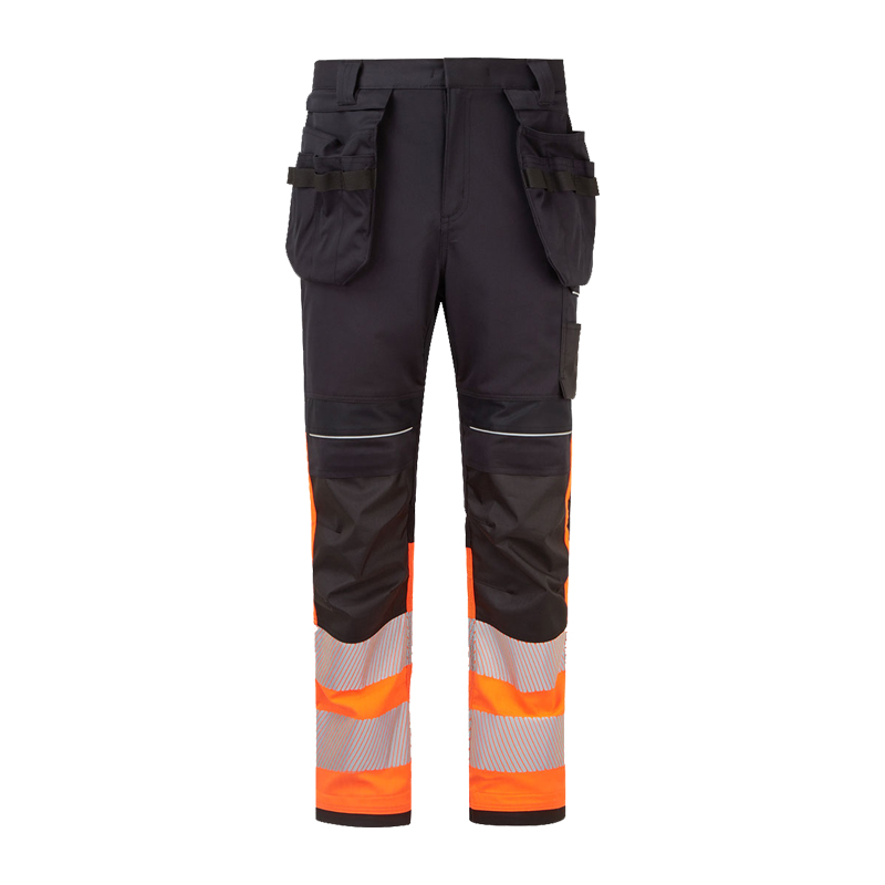Warnschutz-Arbeitshose in Schwarz und Orange mit Reflexstreifen an den Beinen, Knieverstärkung und praktischen Hängetaschen