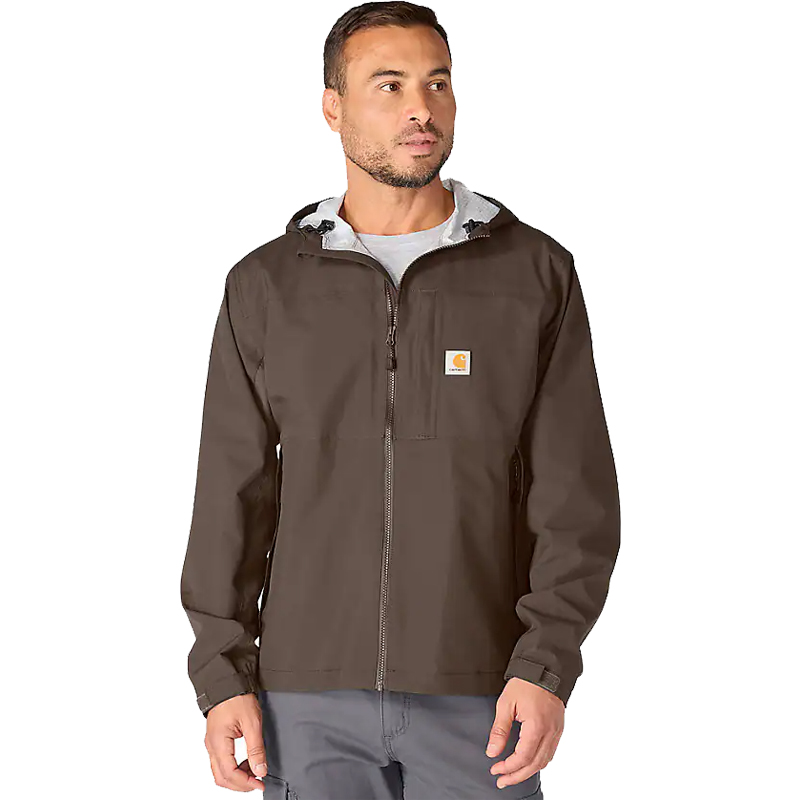 Herren tragen Carhartt 105751 Monterey leichte wasserdichte Wetterschutz-Jacke mit Kapuze in Braun