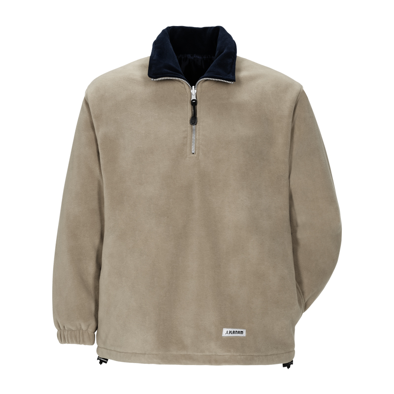 Planam Relax Fleece Troyer mit Stretch von Planam, beiger Fleecepullover mit halbem Reißverschluss und dunkelblauem Kragen