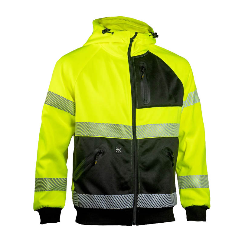 Dimex 4470Y+ Warnschutz Hi-Vis Hoodie Klasse 2, gelb-schwarzer Arbeits-Hoodie mit Kapuze, Reißverschluss und Reflexstreifen, Vorderansicht