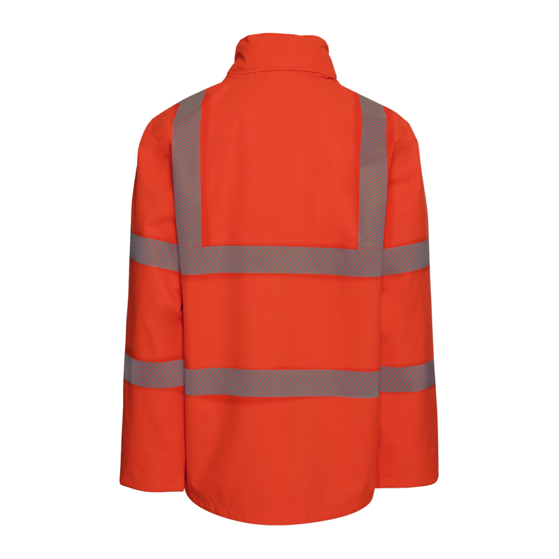 Rückansicht einer orangefarbenen Planam Warnschutzjacke mit silbernen Reflexstreifen an Rücken und Ärmeln