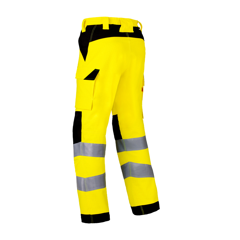 HaVeP Multi Protector+ MultiNorm Warnschutz Bundhose Klasse 2 | APC1 in Gelb-Schwarz, Rückansicht mit Reflexstreifen und Seitentasche